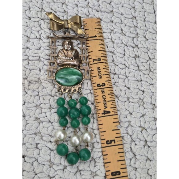 Vtg Gold Tone Buddha Green Beaded Statement Fringe Brooch Pin - Picture 9 of 9